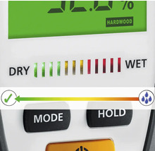 Close-up van een vochtmeter met display voor hardhout, droog- en vochtgehalte en knoppen
