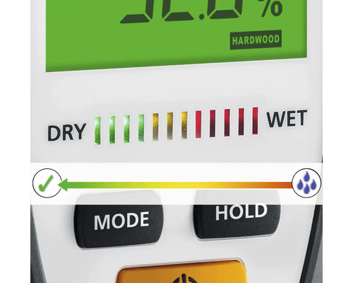 Close-up van een vochtmeter met display voor hardhout, droog- en vochtgehalte en knoppen