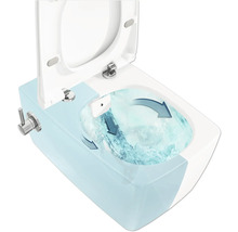 Wandcloset met diepspoeling, open deksel en schematische weergave van het spoelproces.