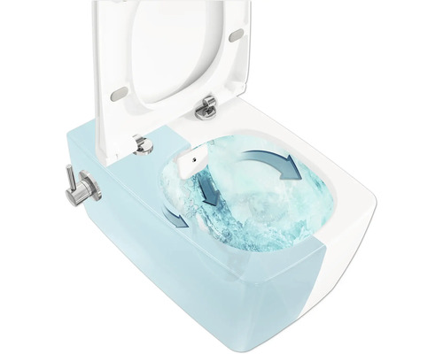 Wandcloset met diepspoeling, open deksel en schematische weergave van het spoelproces.