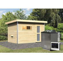 Sauna met kachel en besturingseenheid in de tuin
