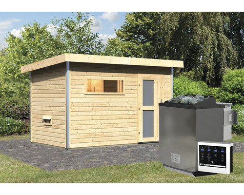 Sauna met kachel en besturingseenheid in de tuin