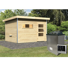 Houten sauna met kachel en bediening buiten