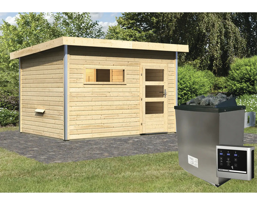 Houten sauna met kachel en bediening buiten