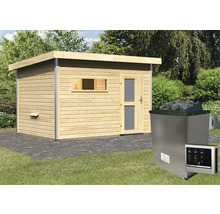 Buitenaanzicht van een tuinsauna met houten bekleding en een saunakachel met stenen.