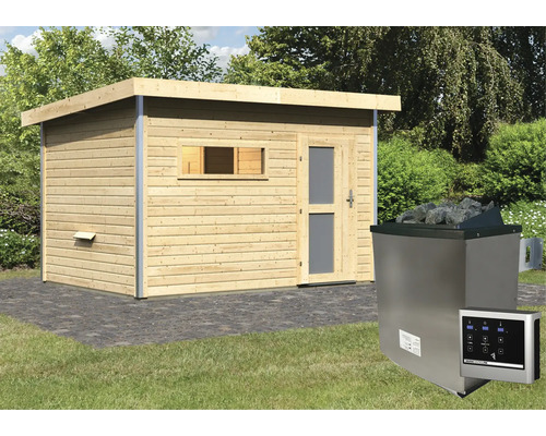 Buitenaanzicht van een tuinsauna met houten bekleding en een saunakachel met stenen.