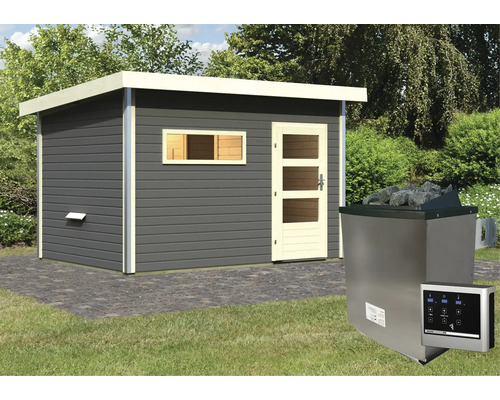 Buitenaanzicht van een tuinsauna met kachel