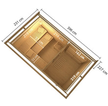 Binnenaanzicht van een sauna met afmetingen