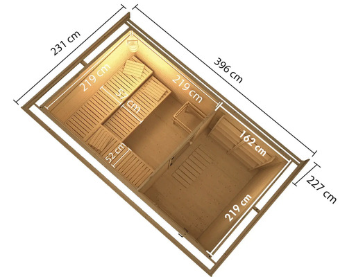 Binnenaanzicht van een sauna met afmetingen