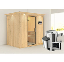 Houten sauna met glazen deur en saunakachel