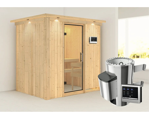 Houten sauna met glazen deur en saunakachel