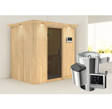 Houten sauna met glazen deur en saunakachel met bediening
