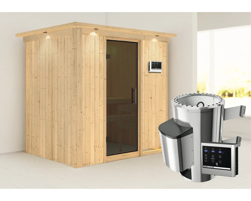 Houten sauna met glazen deur en saunakachel met bediening