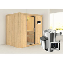 Houten sauna met glazen deur en saunakachel met digitale bediening