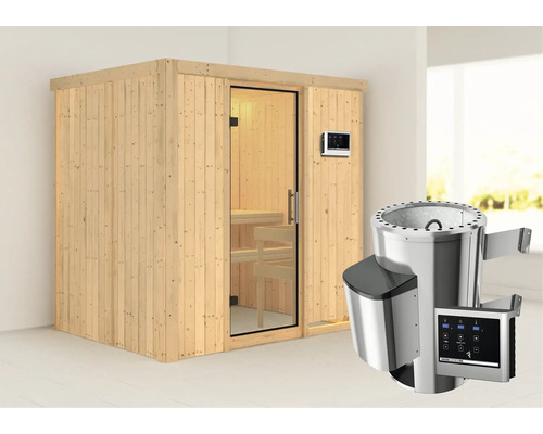 Houten sauna met glazen deur en saunakachel met digitale bediening