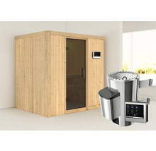 Houten sauna met glazen deur en saunakachel met bediening