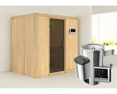 Houten sauna met glazen deur en saunakachel met bediening
