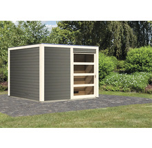 Modern houten tuinhuis met schuifdeur en ramen
