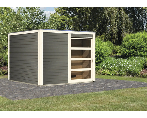 Modern houten tuinhuis met schuifdeur en ramen