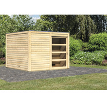 Houten tuinhuis met schuifdeur en ramen