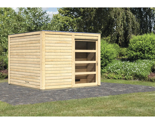 Houten tuinhuis met schuifdeur en ramen