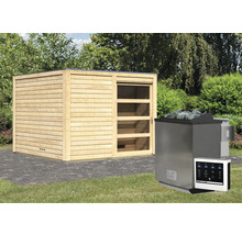 Buitensauna van hout met saunakachel en bediening