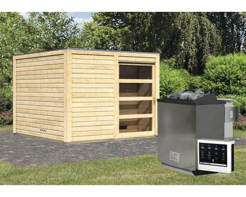 Buitensauna van hout met saunakachel en bediening