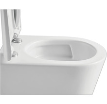 Detailaanzicht van een hangtoilet met geopende toiletdeksel.