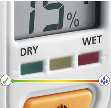 Gedetailleerd beeld van een vochtmeter met digitale display en vochtindicator