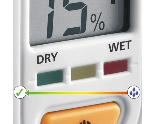 Gedetailleerd beeld van een vochtmeter met digitale display en vochtindicator
