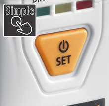 Detailweergave van een bedieningsknop met het opschrift Set en het symbool voor aan of uit