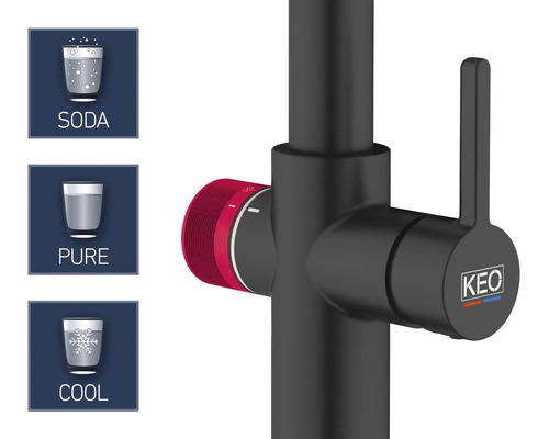 Kraan met de opties Soda, Puur en Koel en het Keo logo