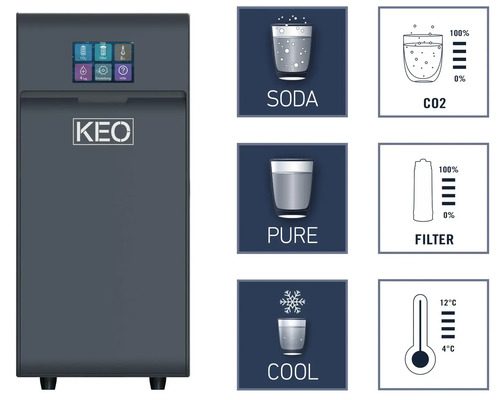 Waterdispenser met soda-, zuiverings- en koelfuncties en indicatoren voor CO2, filter en temperatuur