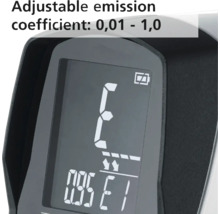 Close-up van een display met instelbare emissiegraad van 0,01 tot 1,0