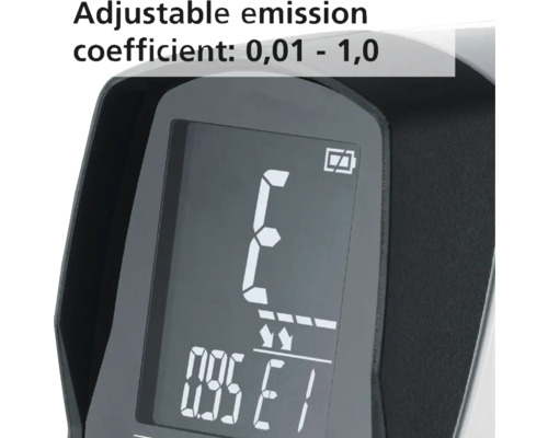 Close-up van een display met instelbare emissiegraad van 0,01 tot 1,0