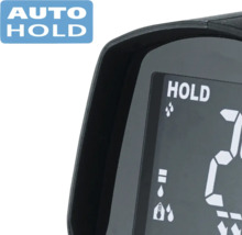 Close-up van een digitaal display met de tekst ''Hold'' en verschillende symbolen