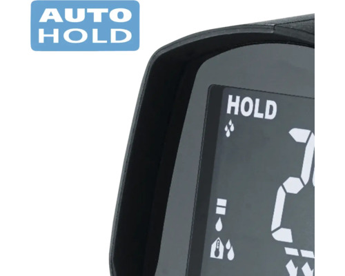 Close-up van een digitaal display met de tekst ''Hold'' en verschillende symbolen