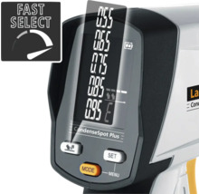Detailweergave van een laserpointer vochtmeter met digitaal display en bedieningselementen en het symbool snelle selectie.
