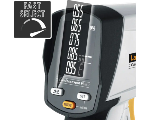 Laserliner CondenseSpot Plus vochtmeter close-up van het display en de bedieningselementen