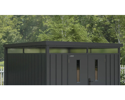 Metalen tuinhuis met dubbele deur en bovenlichten