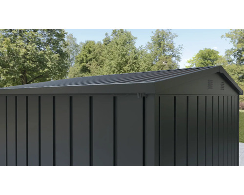 Tuinhuis met lamellenstructuur en metalen dak