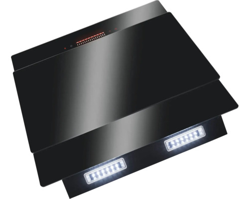 Zwarte afzuigkap met ledverlichting.