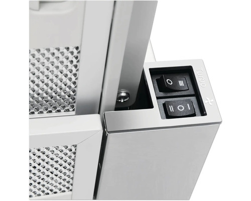 Detailopname van een afzuigkap met schakelaars en metalen filter