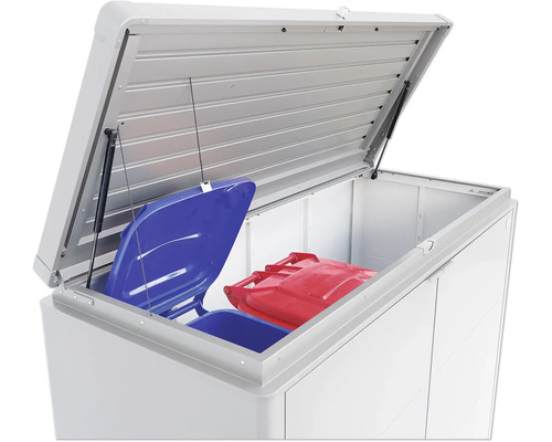 Geopende afvalcontainerbox met blauwe en rode afvalcontainers