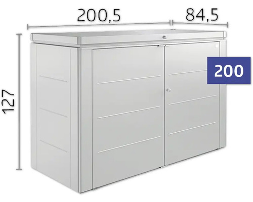 Metalen gereedschapshuis met schuifdeuren en maataanduidingen