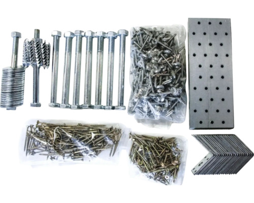 Assortiment schroeven, bouten, ringen, geperforeerde platen en hoekverbinders
