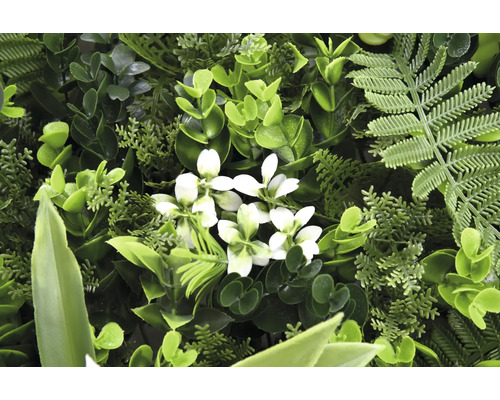 Kunstmatige plantenwand met varen en witte bloemen