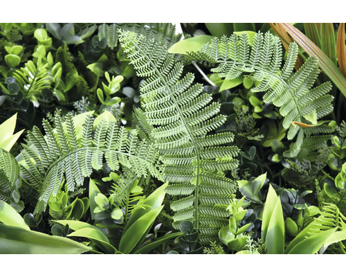 Close-up van een kunstmatige plantenwand met varens en groene planten.