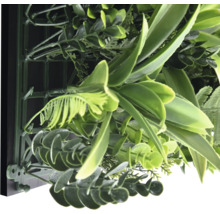 Detail van een kunstmatige plantenwand met diverse groene bladeren
