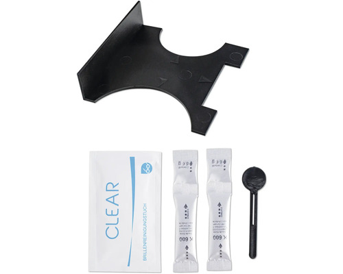 Componenten voor lakreparatie: een houder, een brillenreinigingsdoekje, twee reinigingspads en een spatel.